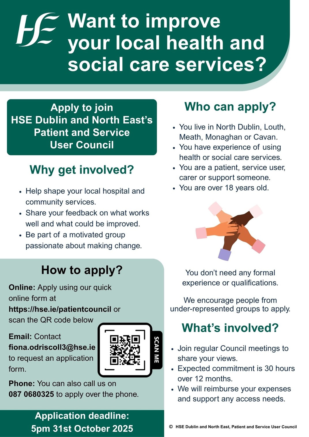 [Alt Text: Poster sharing opportunity to apply for HSE Dublin and North East Patient and Service User Council with information from text below]
