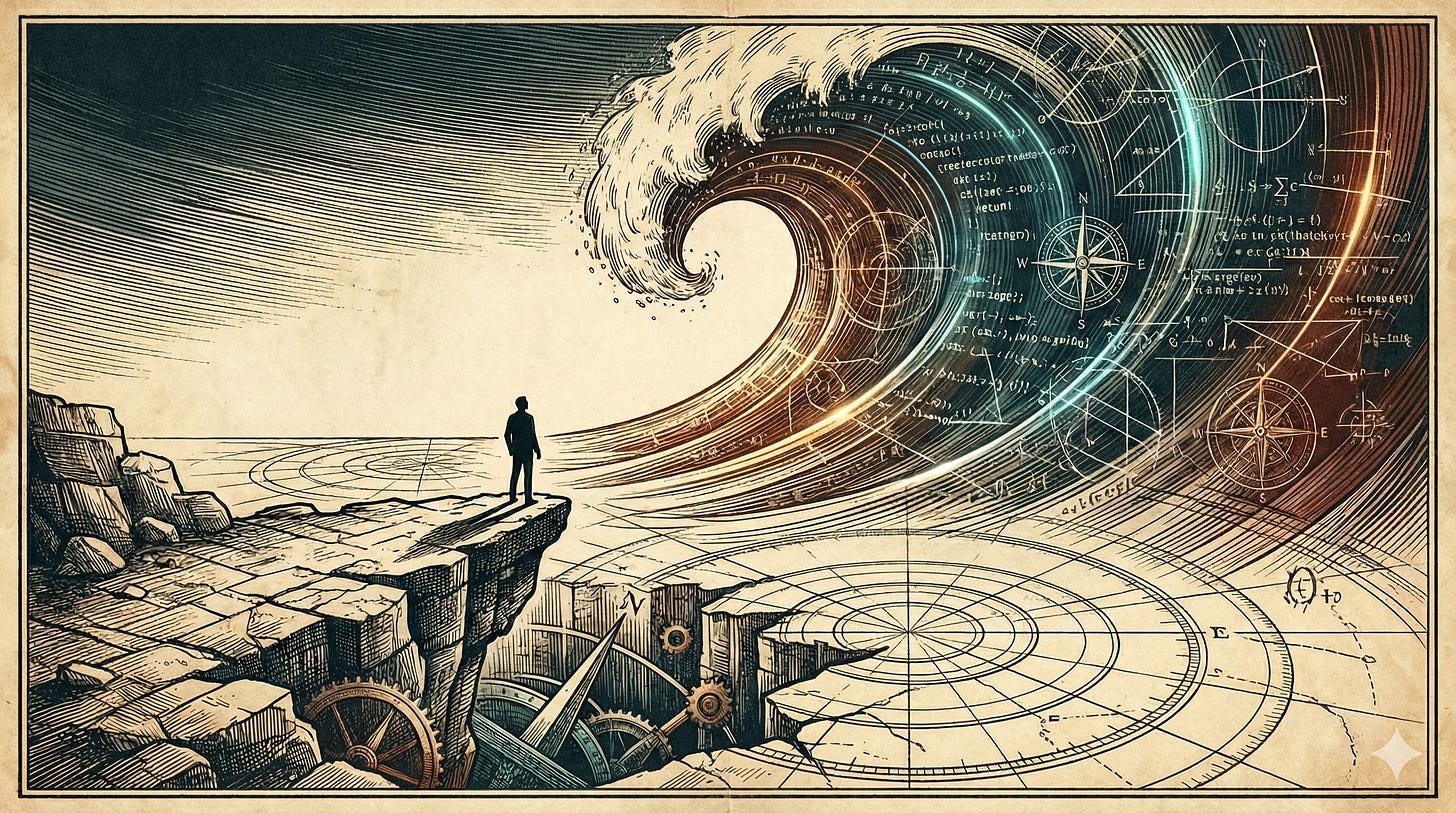 AI code tsunami visualization showing wave of software development democratization and vibe coding tools AI code tsunami visualization showing wave of software development democratization and vibe coding tools