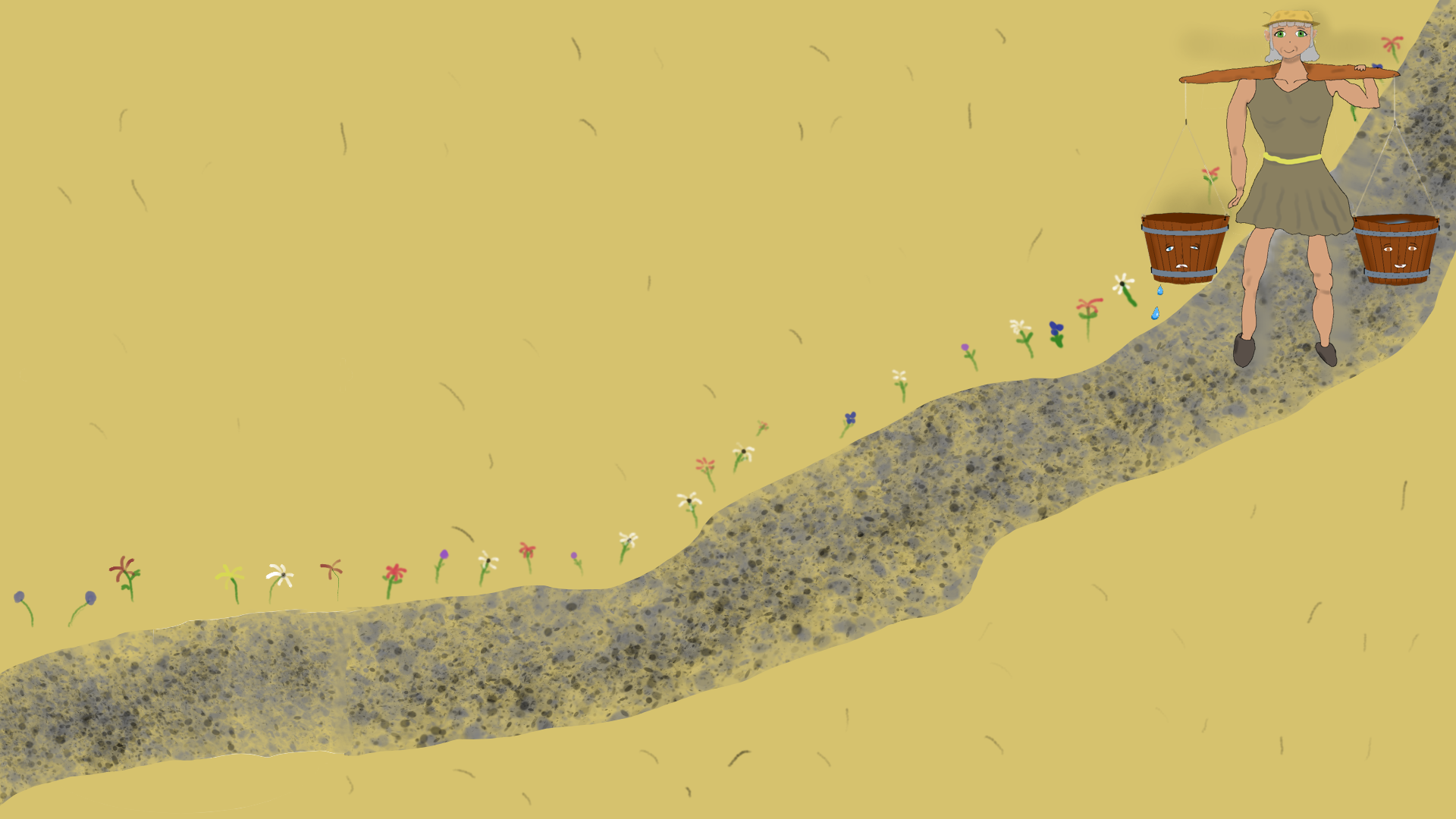 On the return trip the leaky bucket is dripping water over flowers. On the return trip the leaky bucket is dripping water over flowers.