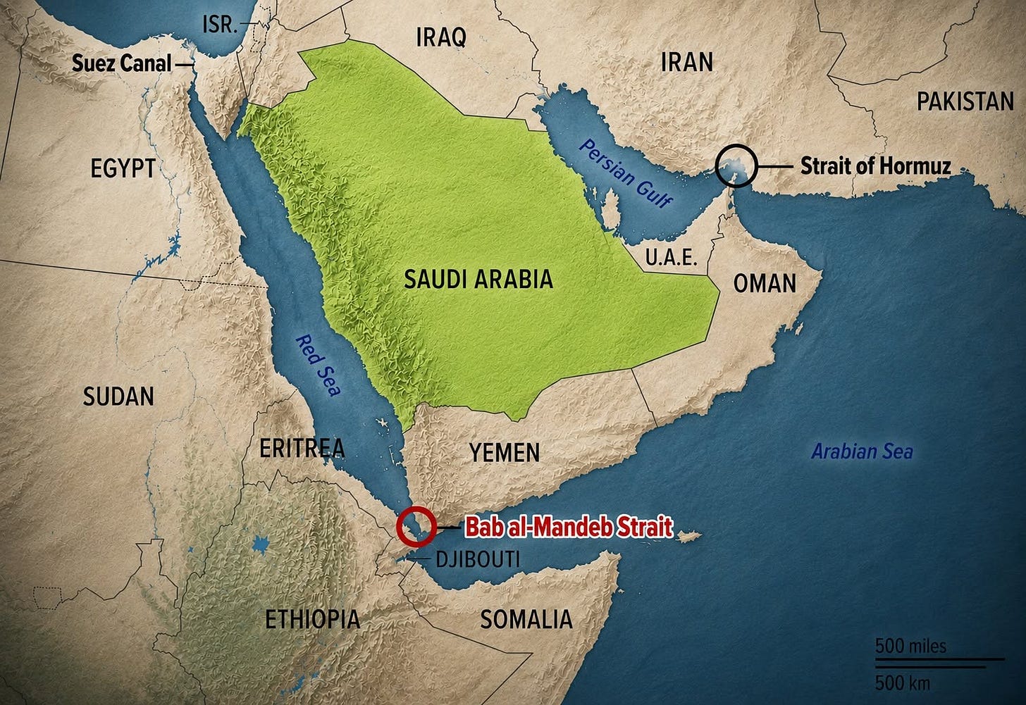 Có thể là hình ảnh về bản đồ và văn bản cho biết 'ISR. Suez Canal IRAQ IRAN EGYPT PAKISTAN Persian Persian Gulf Strait StraitofHormuz of Hormuz SAUDIARABIA SAUDI ARABIA U.A.E. SUDAN OMAN Red RedSea Sea ERITRĘA YEMEN ArabianSea Babal-MandebStrait Bab abal-Mandeb Strait DJIBOUTI SOMALIA' Có thể là hình ảnh về bản đồ và văn bản cho biết 'ISR. Suez Canal IRAQ IRAN EGYPT PAKISTAN Persian Persian Gulf Strait StraitofHormuz of Hormuz SAUDIARABIA SAUDI ARABIA U.A.E. SUDAN OMAN Red RedSea Sea ERITRĘA YEMEN ArabianSea Babal-MandebStrait Bab abal-Mandeb Strait DJIBOUTI SOMALIA'