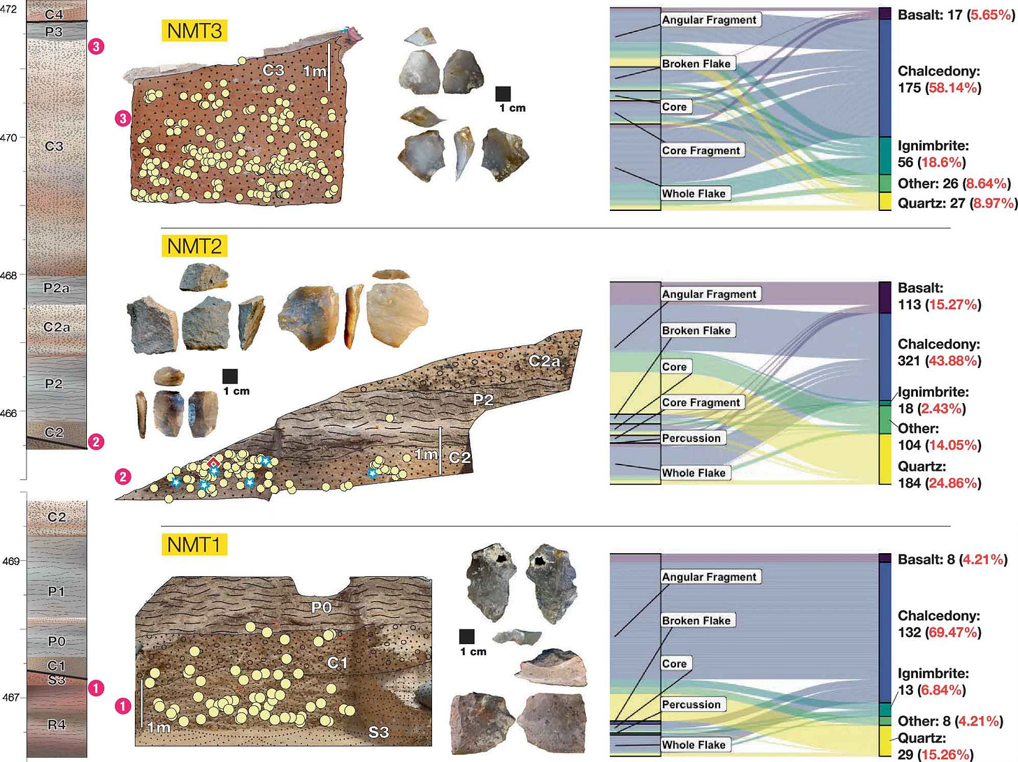 Chart showing artifact placement, selected artifacts, and raw material selection at NMT3, NMT2, and NMT1 sites