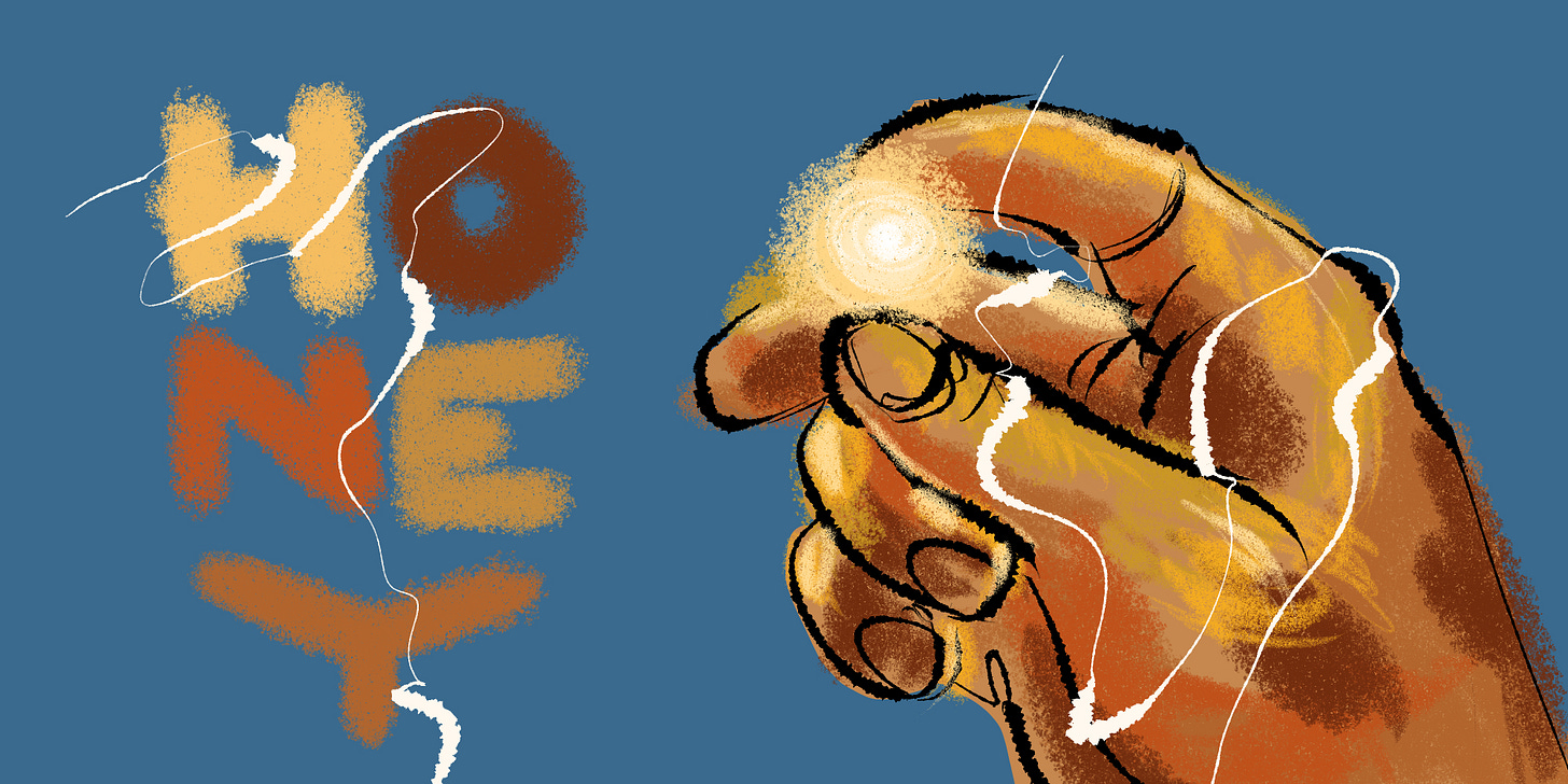 hand holding light, with honey written next to it in crayon letters