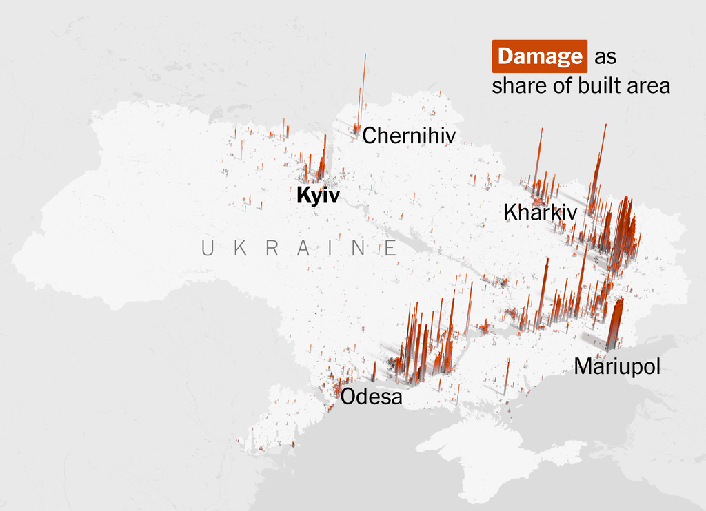 A map of Ukraine showing red spikes where damage from war was detected by Satellites A map of Ukraine showing red spikes where damage from war was detected by Satellites