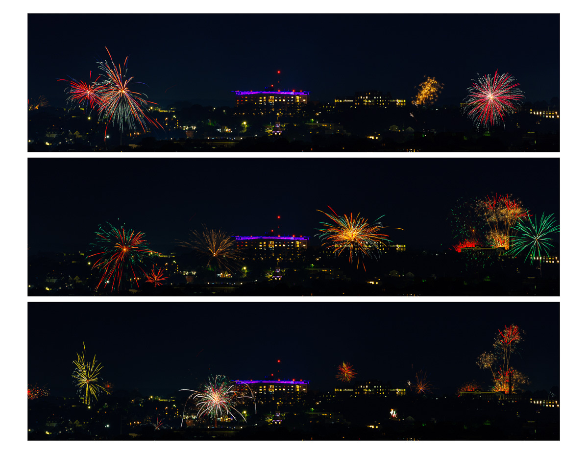 Triptych of colorful fireworks over rooftops showing multiple citywide July 4th displays Triptych of colorful fireworks over rooftops showing multiple citywide July 4th displays