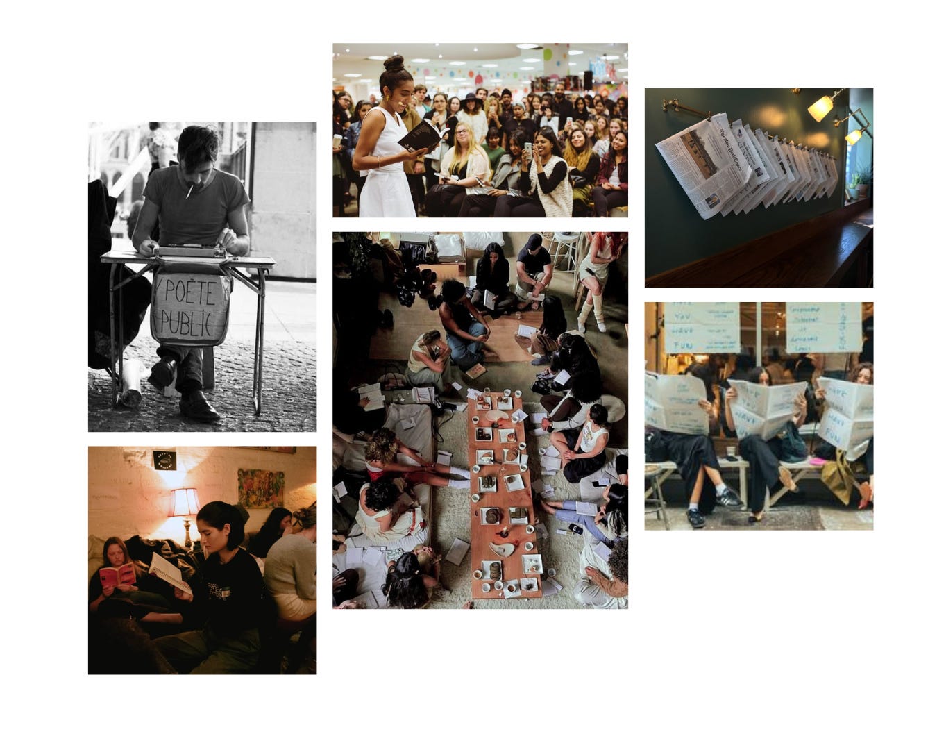 Moodboard des événements du café Substack, lectures à voix haute, ateliers d'écriture et clubs de lecture Moodboard des événements du café Substack, lectures à voix haute, ateliers d'écriture et clubs de lecture