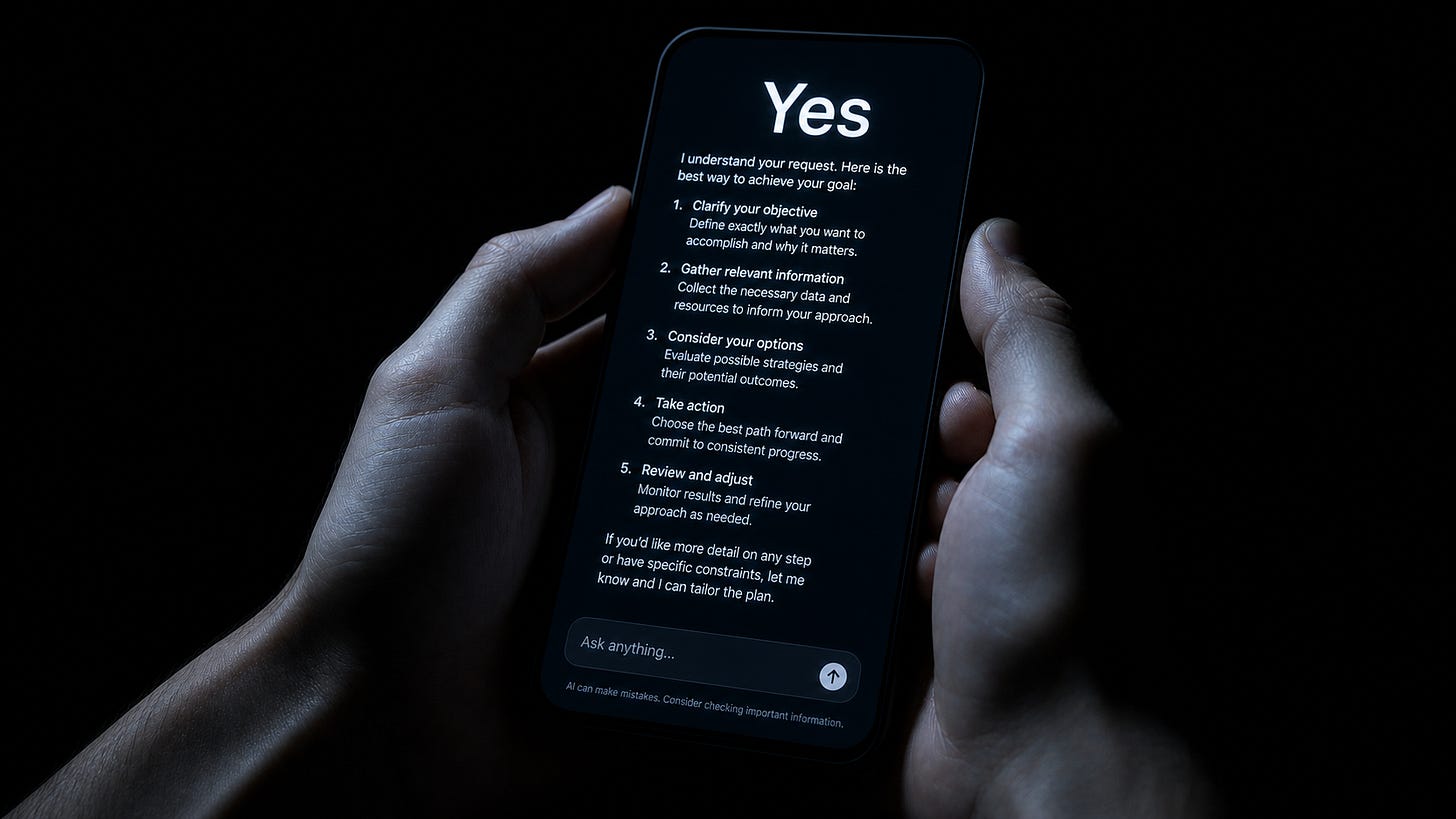 16:9 photorealistic close-up of hands holding a glowing smartphone with an unsettling AI chat screen in a dark room.