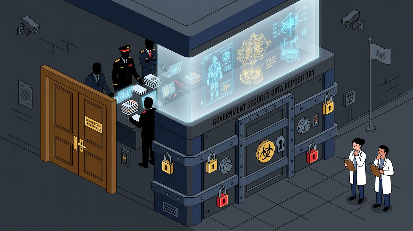 Flat isometric illustration of a giant sealed government filing cabinet secured with multiple locks, glowing AI model blueprints visible through frosted glass while officials review documents behind closed doors, small researchers waiting outside with clipboards, dark charcoal background, clean vector art style, navy, gold and red color palette, government technology editorial aesthetic Flat isometric illustration of a giant sealed government filing cabinet secured with multiple locks, glowing AI model blueprints visible through frosted glass while officials review documents behind closed doors, small researchers waiting outside with clipboards, dark charcoal background, clean vector art style, navy, gold and red color palette, government technology editorial aesthetic