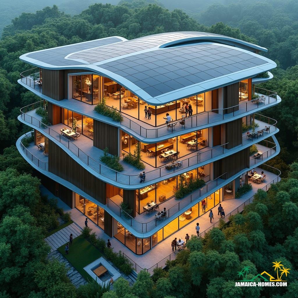 Futuristic co-living space in New Kingston, Jamaica, designed for young professionals. 