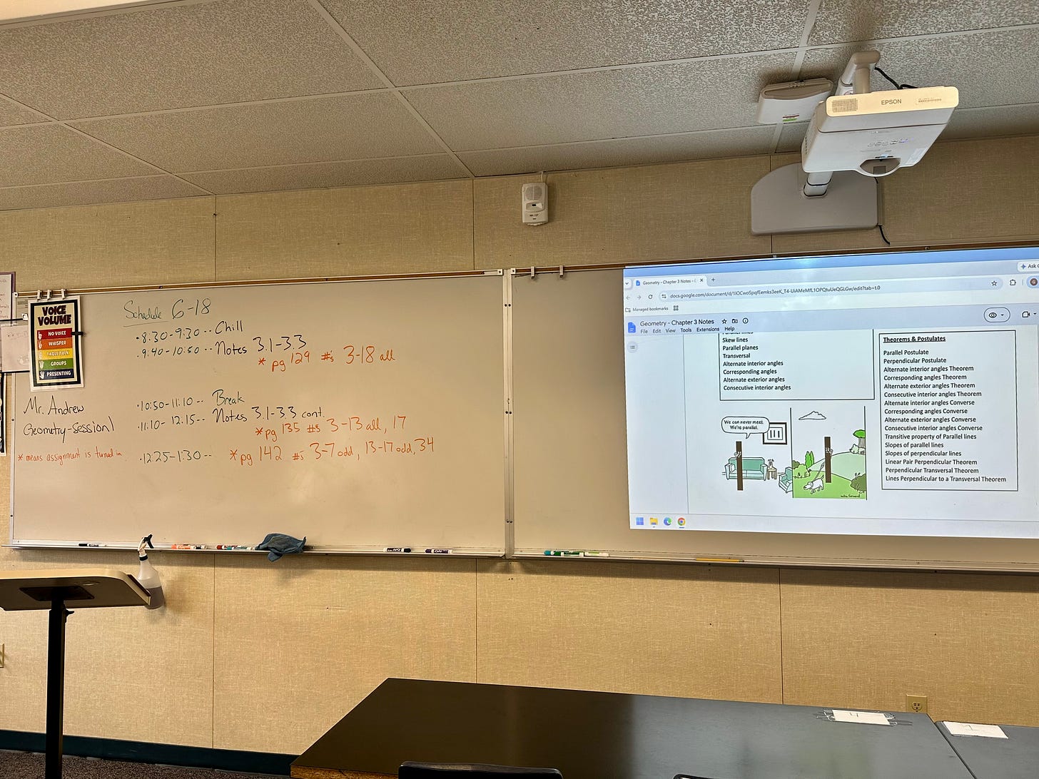 A whiteboard in a classroom displays a handwritten summer school geometry schedule running from 8:30 to 1:30. To the right, a projector screen displays a comprehensive list of geometry theorems and postulates alongside a lighthearted cartoon about parallel lines.