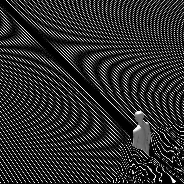 This may contain: a black and white photo of a person standing in the middle of an abstract pattern