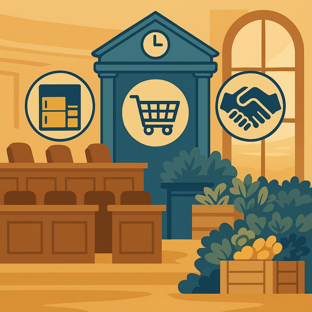 Flat-style illustration of a municipal council chamber with three floating icons — a warehouse (cold storage), a shopping cart (procurement), and a handshake (regional food hubs). Crates of produce and greenery in the background symbolize how municipal food policy can rebuild Canada’s missing middle in food systems.