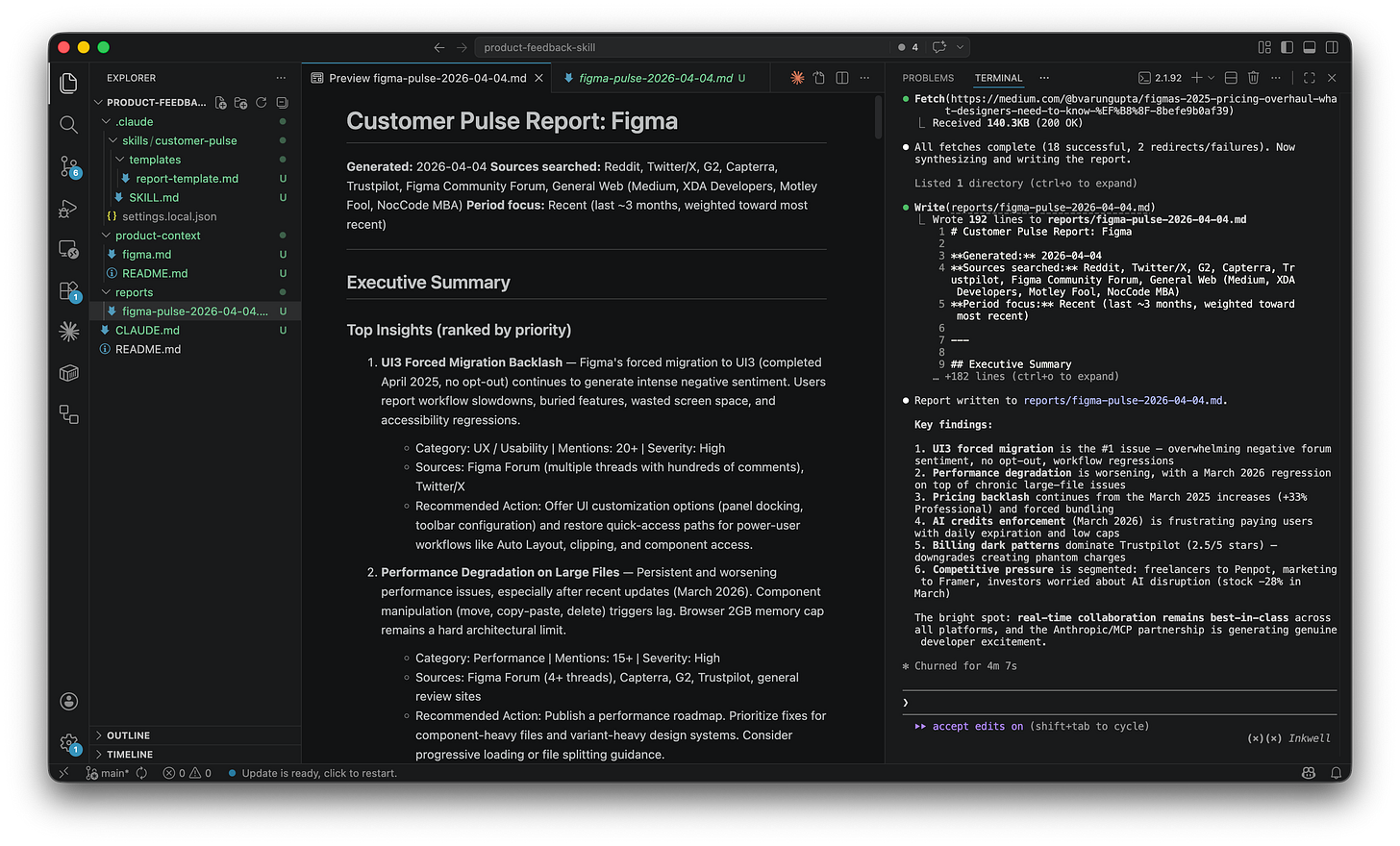 VS Code showing the Customer Pulse Report for Figma in preview mode with executive summary, top insights ranked by priority, and source URLs. VS Code showing the Customer Pulse Report for Figma in preview mode with executive summary, top insights ranked by priority, and source URLs.