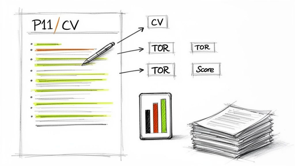 Illustration showing a P11/CV document review process with highlighting, leading to CV, TOR, and scoring. Illustration showing a P11/CV document review process with highlighting, leading to CV, TOR, and scoring.