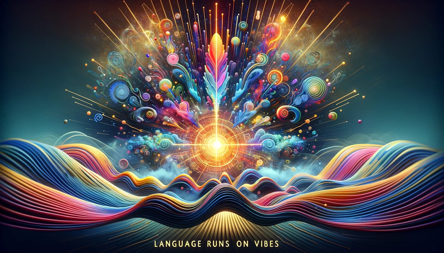 Create a hero image focusing on the concept 'language runs on vibes' for a post about linguistics. Visualize language as a dynamic, resonant force. Illustrate abstract waves and vibrations emanating from a central point, representing the idea of language resonating through its use. These waves should convey the notion of resonance and suprasegmentality, suggesting that language is more than the sum of its parts. The waves should be colorful, symbolizing the diverse vibes and emotions language conveys. The central point, abstract and glowing, should represent the core from which language emanates, suggesting its fundamental and powerful nature. The background should be abstract and ethereal, symbolizing the intangible nature of language and communication. Create a hero image focusing on the concept 'language runs on vibes' for a post about linguistics. Visualize language as a dynamic, resonant force. Illustrate abstract waves and vibrations emanating from a central point, representing the idea of language resonating through its use. These waves should convey the notion of resonance and suprasegmentality, suggesting that language is more than the sum of its parts. The waves should be colorful, symbolizing the diverse vibes and emotions language conveys. The central point, abstract and glowing, should represent the core from which language emanates, suggesting its fundamental and powerful nature. The background should be abstract and ethereal, symbolizing the intangible nature of language and communication.