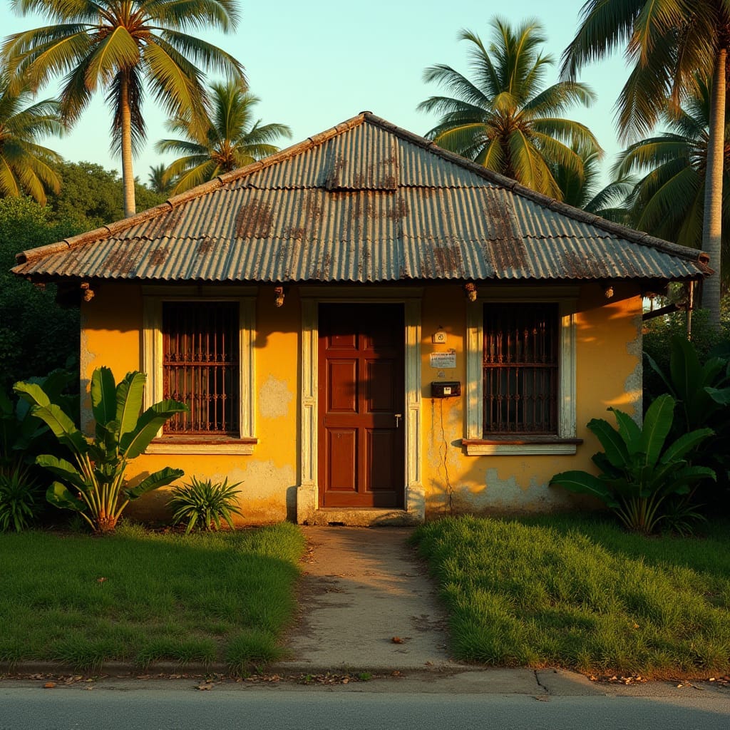 A worn, earth-toned concrete Jamaican home, set against a lush, vibrant tropical backdrop, with a weathered zinc roof and ornate wooden shutters, bathed in warm, golden cinematic lighting, with deep shadows and subtle lens flares, captured in exquisite detail