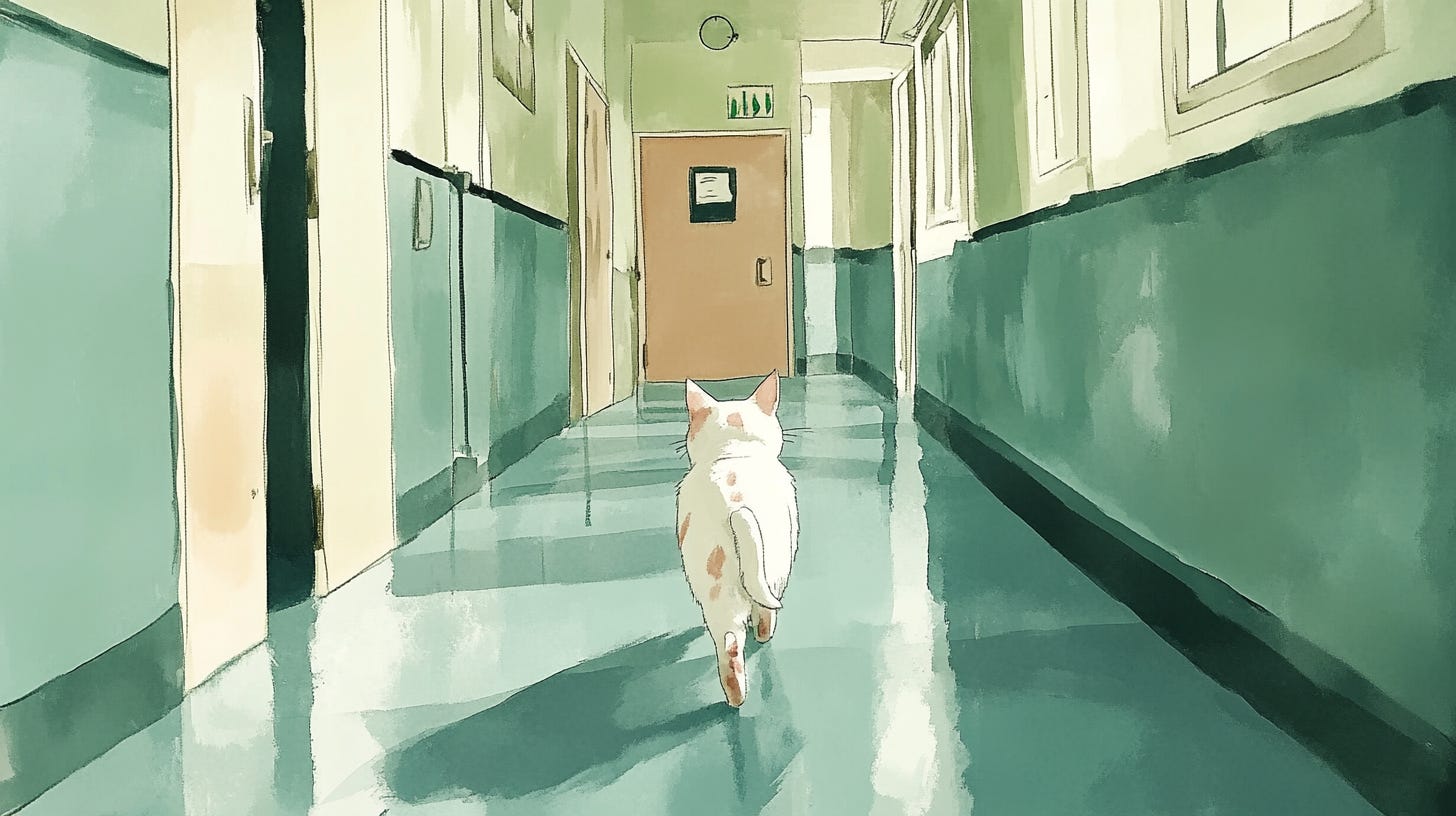 A white cat walks down the hall of a nursing home