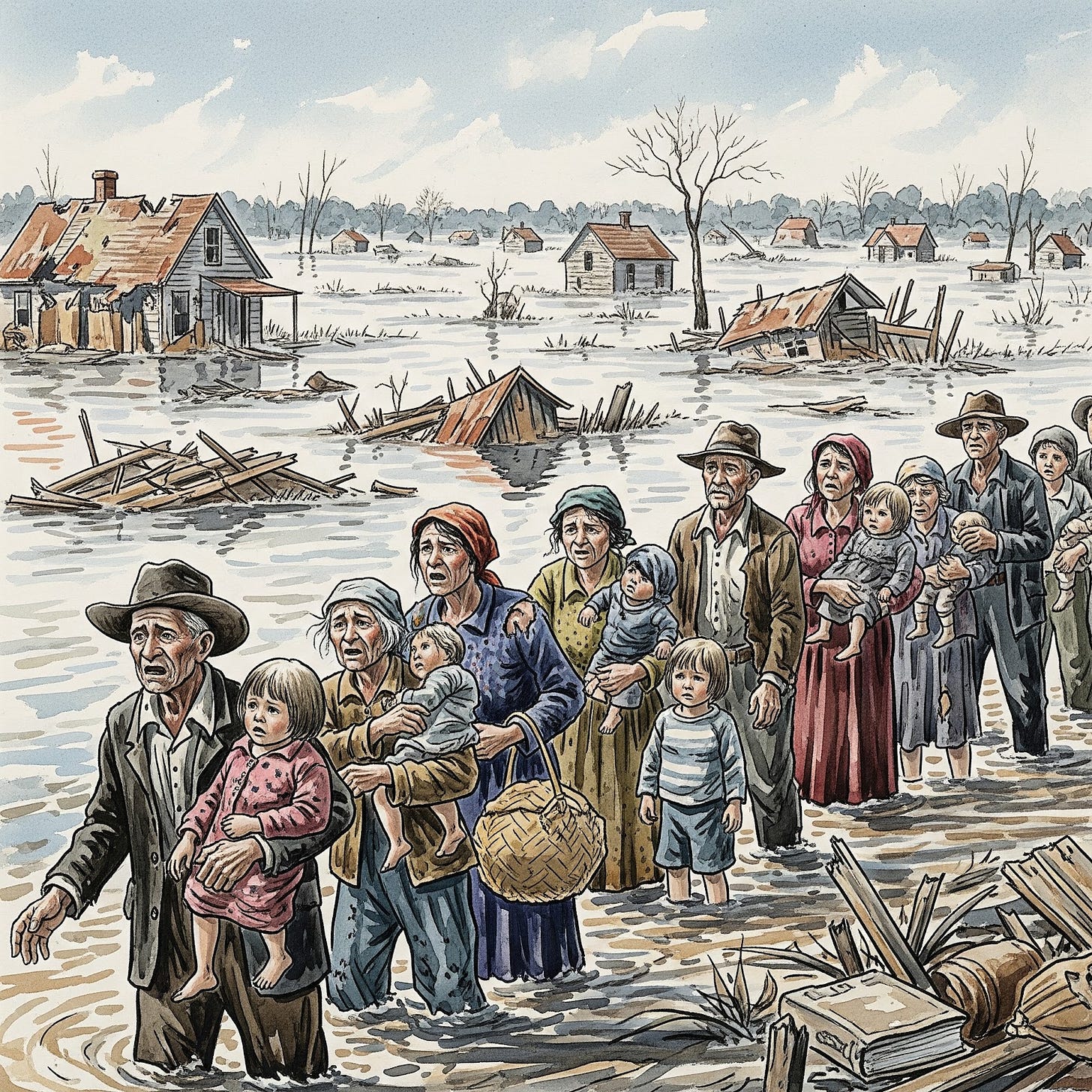 Image of survivors of the 1927 flood and the despair written on their tired faces.