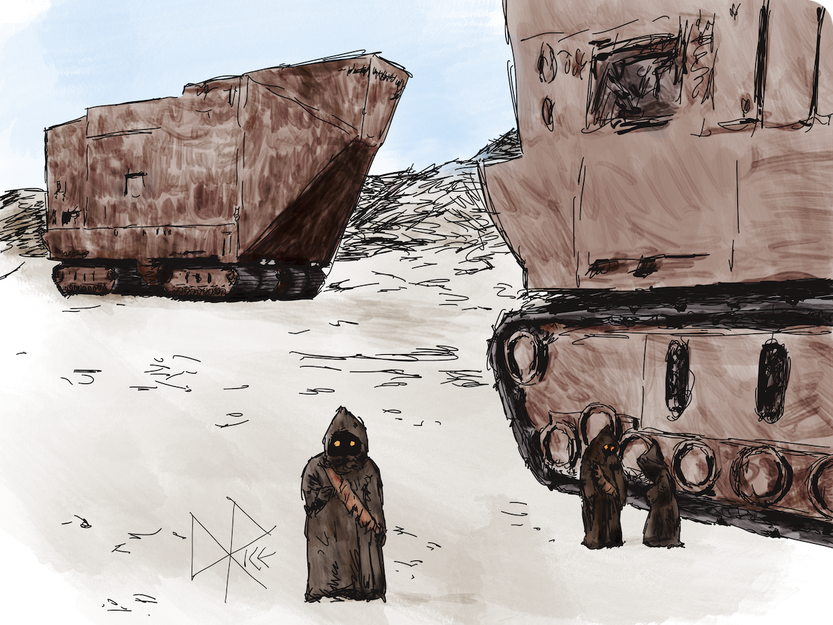 On Tatooine, three Jawas stand in the foreground near the tracks of their sandcrawler as another more distant crawler is rolling up to join in on the market. Sketch art by Don Rice. On Tatooine, three Jawas stand in the foreground near the tracks of their sandcrawler as another more distant crawler is rolling up to join in on the market. Sketch art by Don Rice.