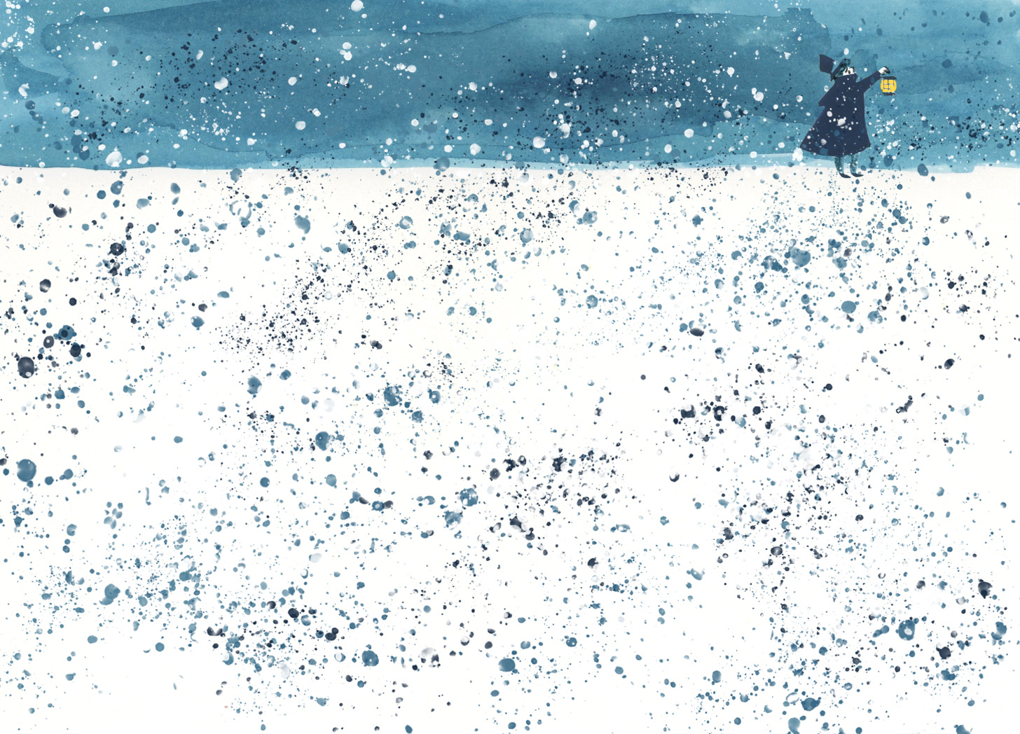 Snow filled landscape. in top corner, Victorian gentleman holds up a candle and stares up in to the sky. Illustration in collage and watercolour