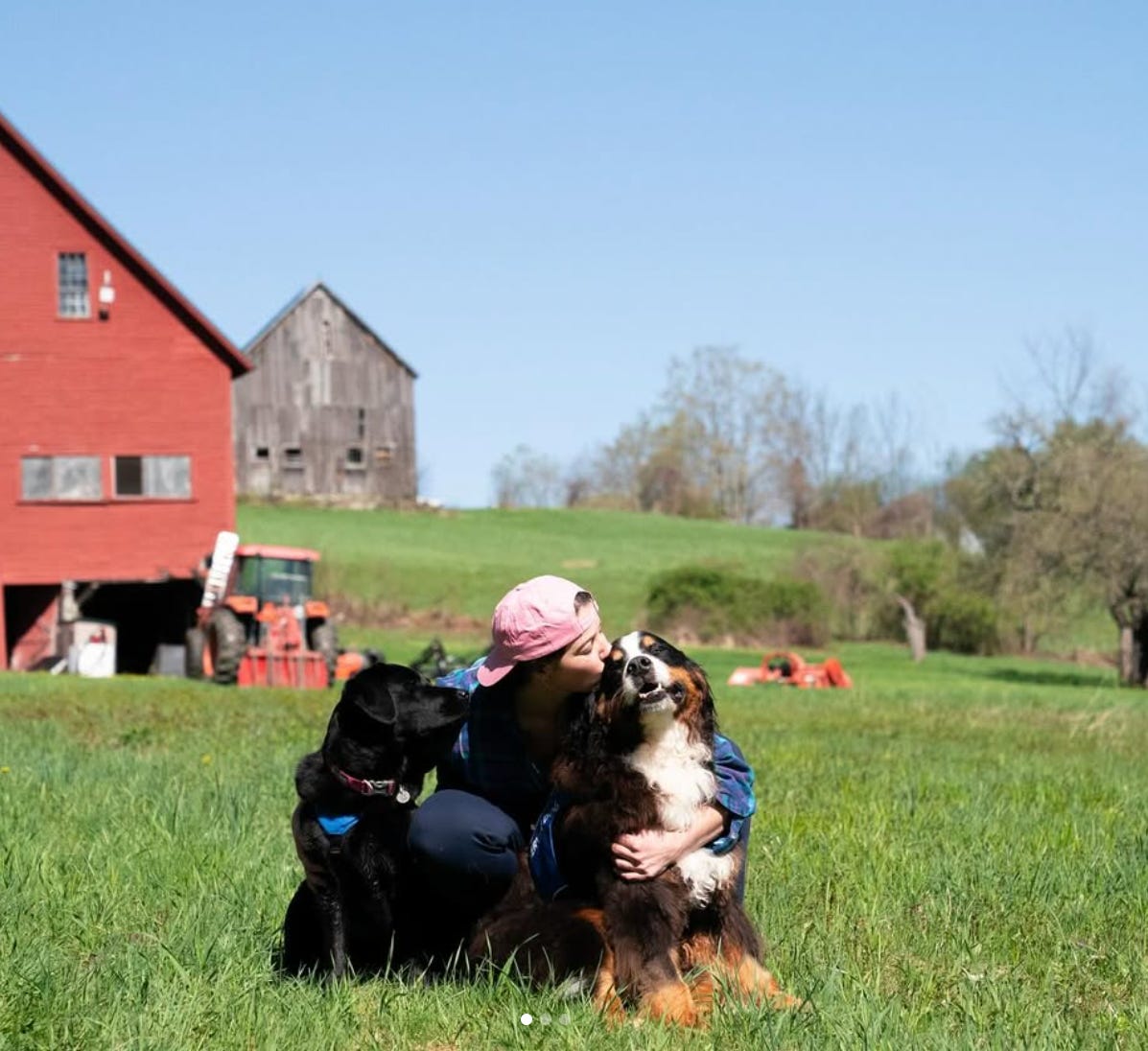 A picture of Kate Speer in a field in vermont with a red barn in the background, cuddling her two psychiatric service dogs, Waffle a newfoundland, and Tugboat, a black English labrador. A picture of Kate Speer in a field in vermont with a red barn in the background, cuddling her two psychiatric service dogs, Waffle a newfoundland, and Tugboat, a black English labrador.