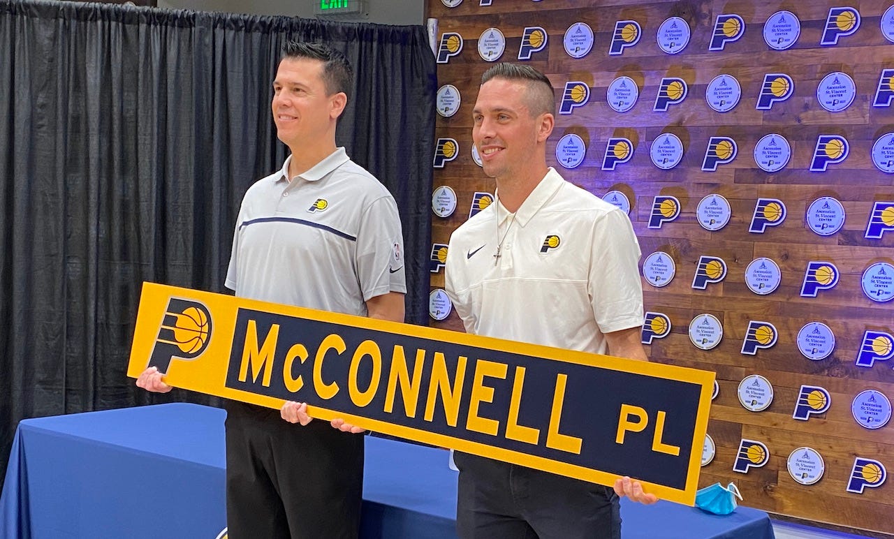 T.J. McConnell with Pacers GM Chad Buchanan (left) after signing a contract extension on Aug 6, 2021. T.J. McConnell with Pacers GM Chad Buchanan (left) after signing a contract extension on Aug 6, 2021.