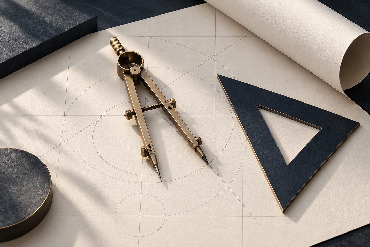 Illustrated drafting compass and set square on rolled engineering paper. Illustrated drafting compass and set square on rolled engineering paper.