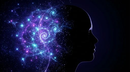 A human silhouette merging with a colorful galaxy, symbolizing the loss of ego boundaries A human silhouette merging with a colorful galaxy, symbolizing the loss of ego boundaries