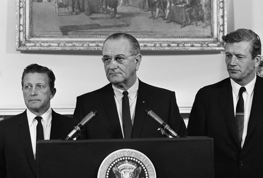 President Lyndon Johnson speaks to members of his advisory commission on civil disorders at the group's first meeting on July 29, 1967 at the White House, Washington. Otto Kerner, left, of Illinois, the chairman of the group and Mayor John Lindsay of New York (right) vice chairman. (AP Photo/WX) President Lyndon Johnson speaks to members of his advisory commission on civil disorders at the group's first meeting on July 29, 1967 at the White House, Washington. Otto Kerner, left, of Illinois, the chairman of the group and Mayor John Lindsay of New York (right) vice chairman. (AP Photo/WX)