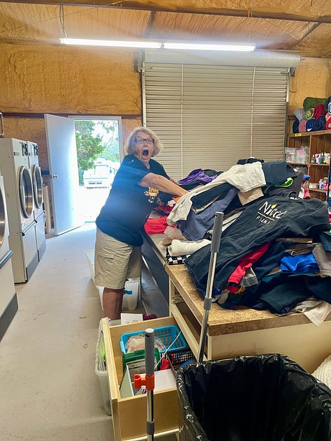 Photos of the gals painting, pressure washing, staining, and sorting laundry.