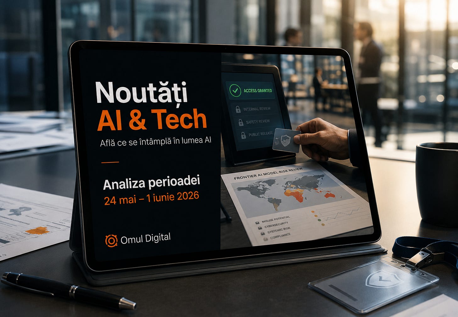 Tabletă cu un cover Omul Digital pentru Noutăți AI & Tech, afișând o scenă de acces controlat la modele AI și documente de evaluare a riscurilor, sugerând presiunea instituțională, securitatea și verificarea sistemelor AI. Tabletă cu un cover Omul Digital pentru Noutăți AI & Tech, afișând o scenă de acces controlat la modele AI și documente de evaluare a riscurilor, sugerând presiunea instituțională, securitatea și verificarea sistemelor AI.
