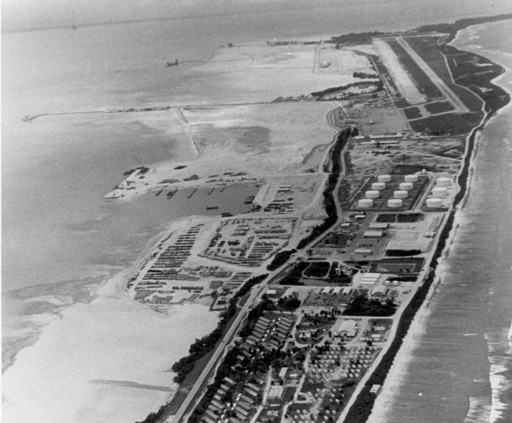 Black and white photograph of an aerial view of the runway built on Diego Garcia island, circa 1980s