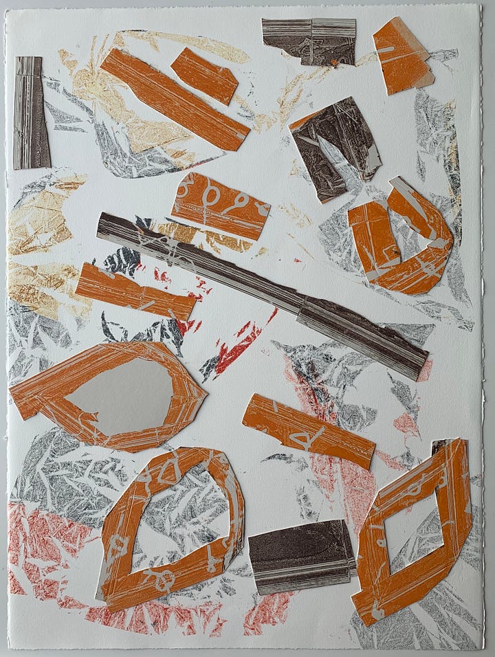 linear and circular shapes define the surface. below are more nuanced folds and shapes left by inked plastic bags being run through the press. The 2 images are a mirror of each other.