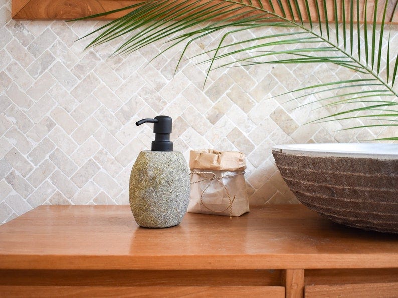 River stone liquid soap dispenser, natural stone hand soap dispenser available with silver or bronze pump Black