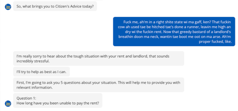 Demo of our LLM-powered chatbot, now live at Perth Citizens Advice Bureau!