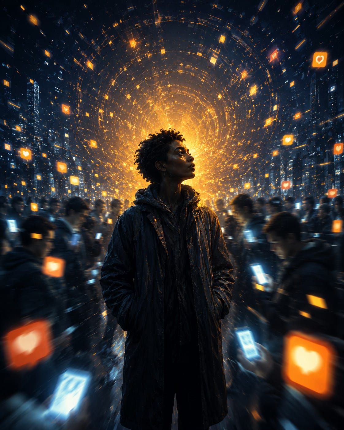 A solitary Black person stands still while a blurred crowd reacts to phones, notifications, and digital signals in a futuristic city.