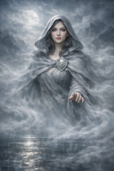Ezra Goddess of the Mists appearing in a dream, ethereal woman in gray cloak, silver shield brooch, mist swirling around her, serene and haunting atmosphere