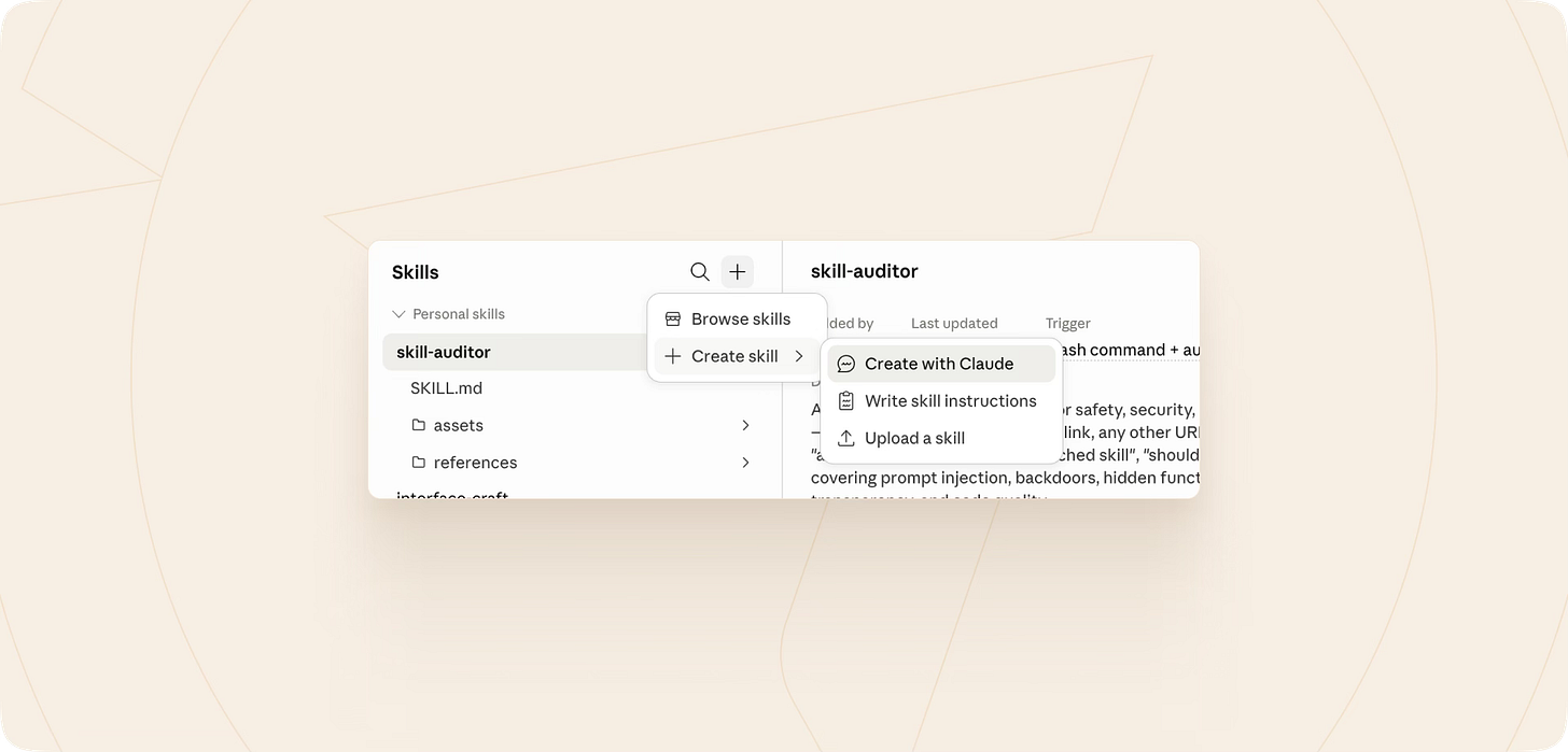 Claude Desktop create skill menu