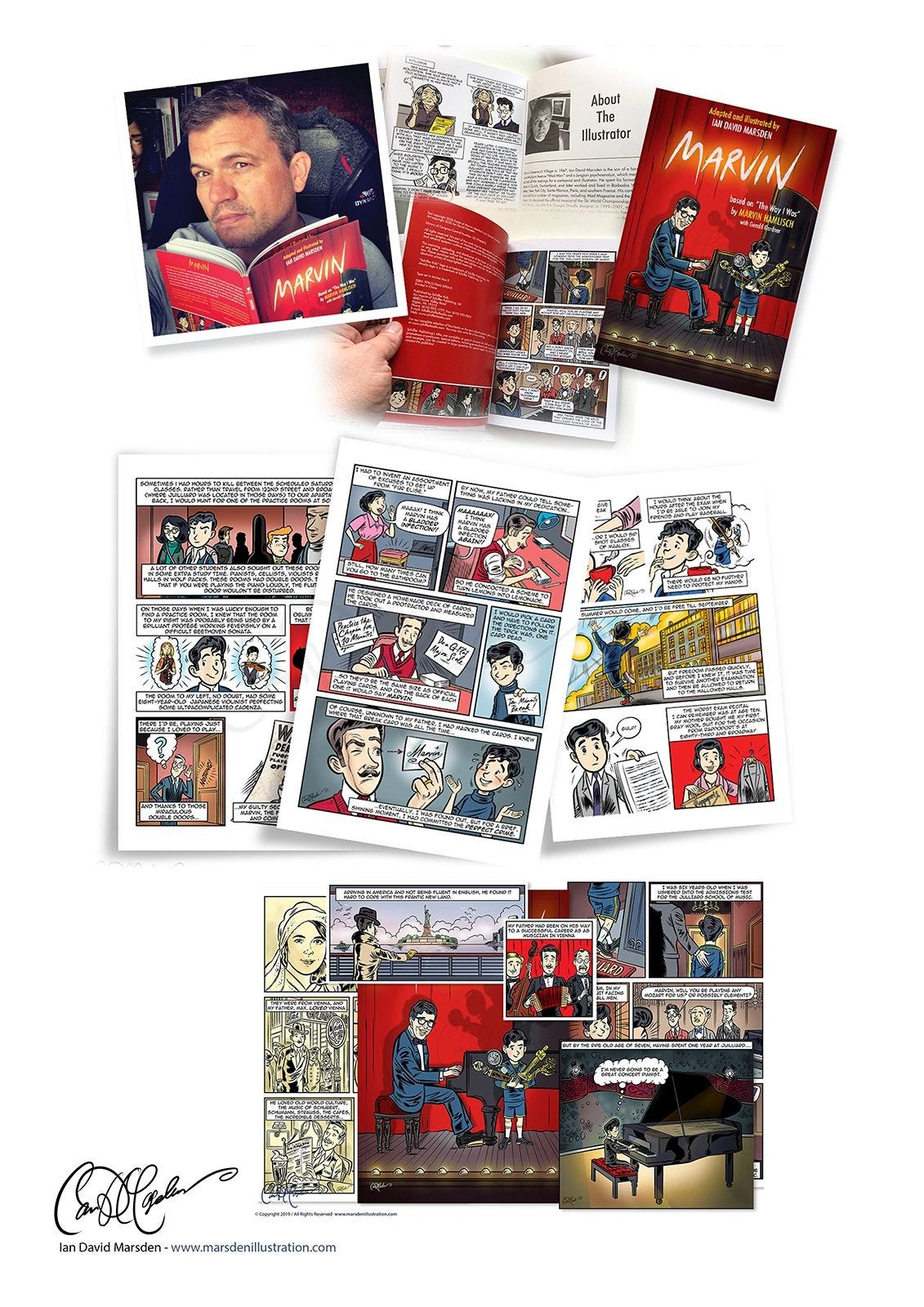 Interior pages from Marvin — illustrating Marsden’s adaptation of Marvin Hamlisch’s autobiography; courtesy of Ian David Marsden.