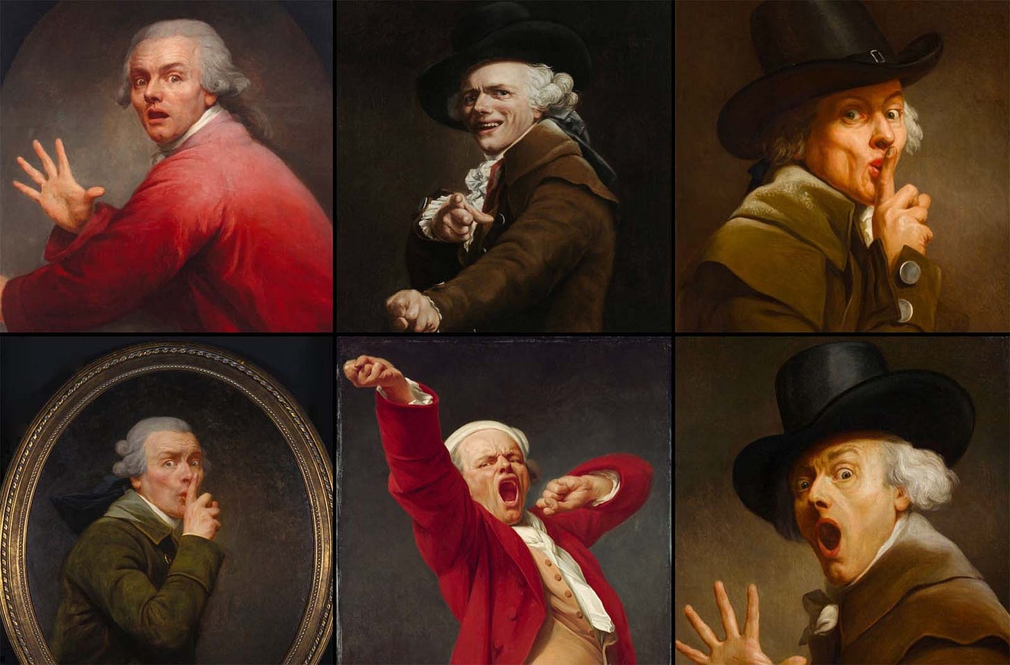 Joseph Ducreux's self-portraits, with their exaggerated expressions and playful gestures, dramatically broke from the stiff formality of 18th-century art, making his work surprisingly apt for modern memes.