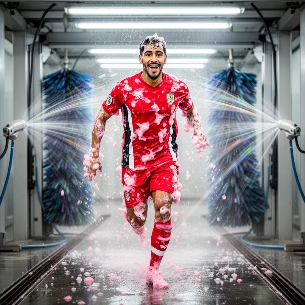 Egyptian Soccer Player running through car wash getting cleaned with vagisil