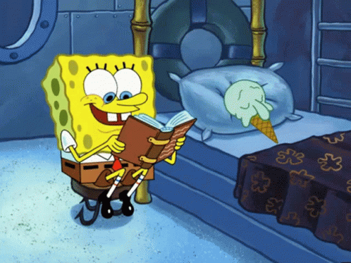 a cartoon of spongebob reading a book in a room