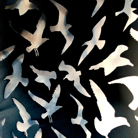 Shapes of gulls, ethereal, in indigos and greys, with layers and shadows.