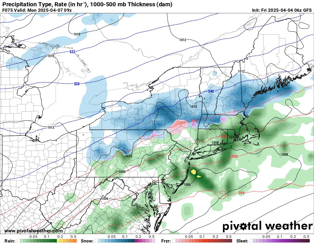 May be an image of map and text that says 'Precipitation Type, Rate (in hr'), 1000-500 mb Thickness (dam) F075 Valid: Mon 2025-04-07 5Valid:Mon2025-04-0709z 2025- 09z 1010 Init: Fri 2025- 2025-04-0 04-04 04- -04 06z GFS 1012 ሆስ as 1010 1008 006 564- Rain: www.pivotalweather.com 0.05 0.1 0.2 0.5 Snow: 0.05 0.1 0.2 0.5 Frze. 0.05 0.1 Sleet: piv#tal weather 0.2 0.5 0.05 0.050.1 0.1 0.2 0.5'