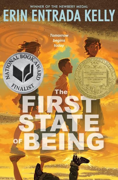 The cover of The First State of Being shows a tween boy in between two teenagers, a boy and a girl, against an orange backdrop.
