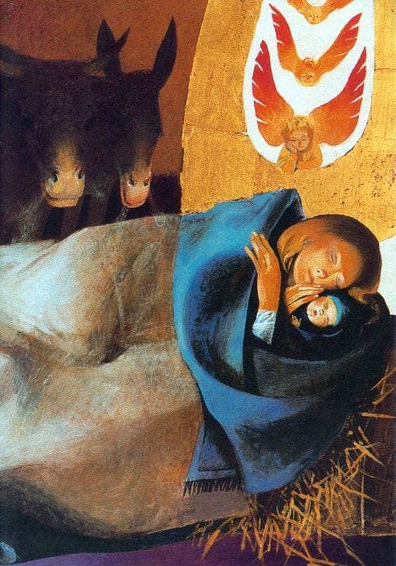 A collection of images of Mary at the manger: 1. Albin Egger-Lienz; 2. Sandra Bierman;