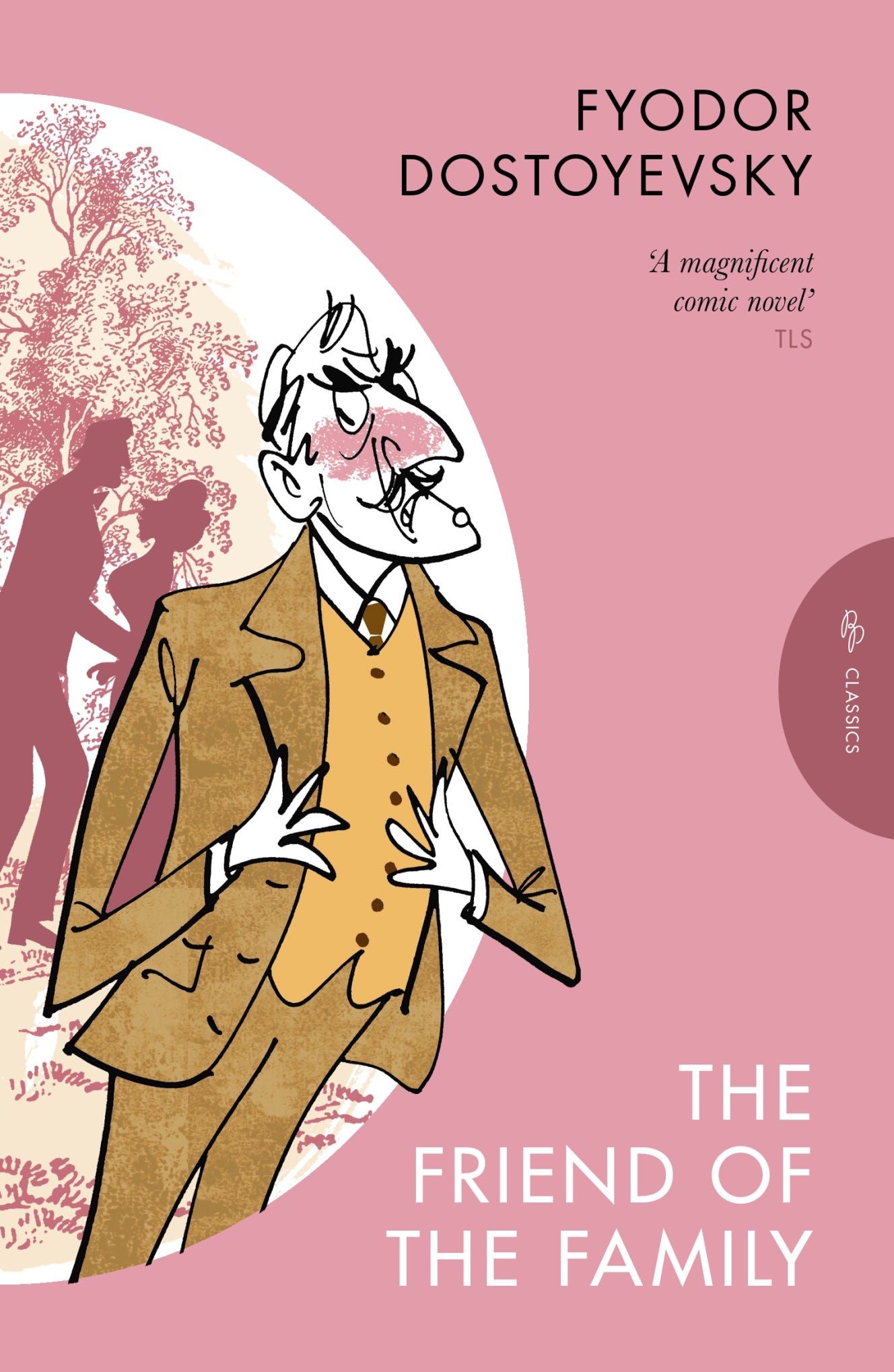 Illustration of a man in a brown suit and yellow waistcoat with flushed cheeks and two figures in silhouette behind him, for the book "The Friend of the Family" by Fyodor Dostoyevsky. Illustration of a man in a brown suit and yellow waistcoat with flushed cheeks and two figures in silhouette behind him, for the book "The Friend of the Family" by Fyodor Dostoyevsky.