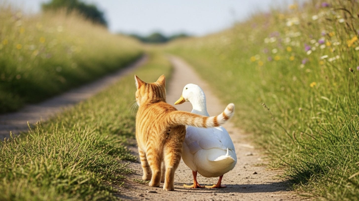 Cat and duck walking down dirt road together