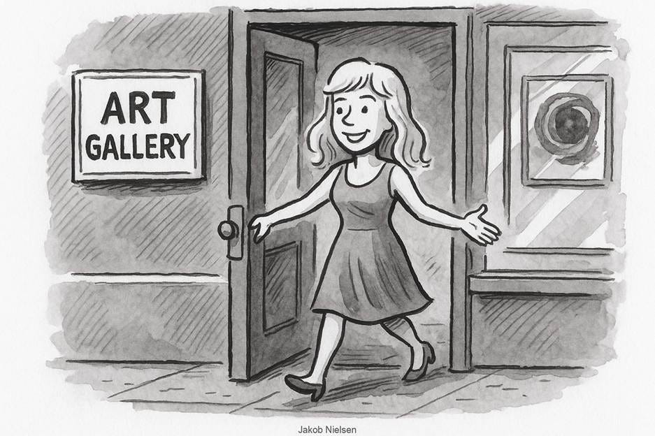A cartoon of a person walking into a gallery

AI-generated content may be incorrect.