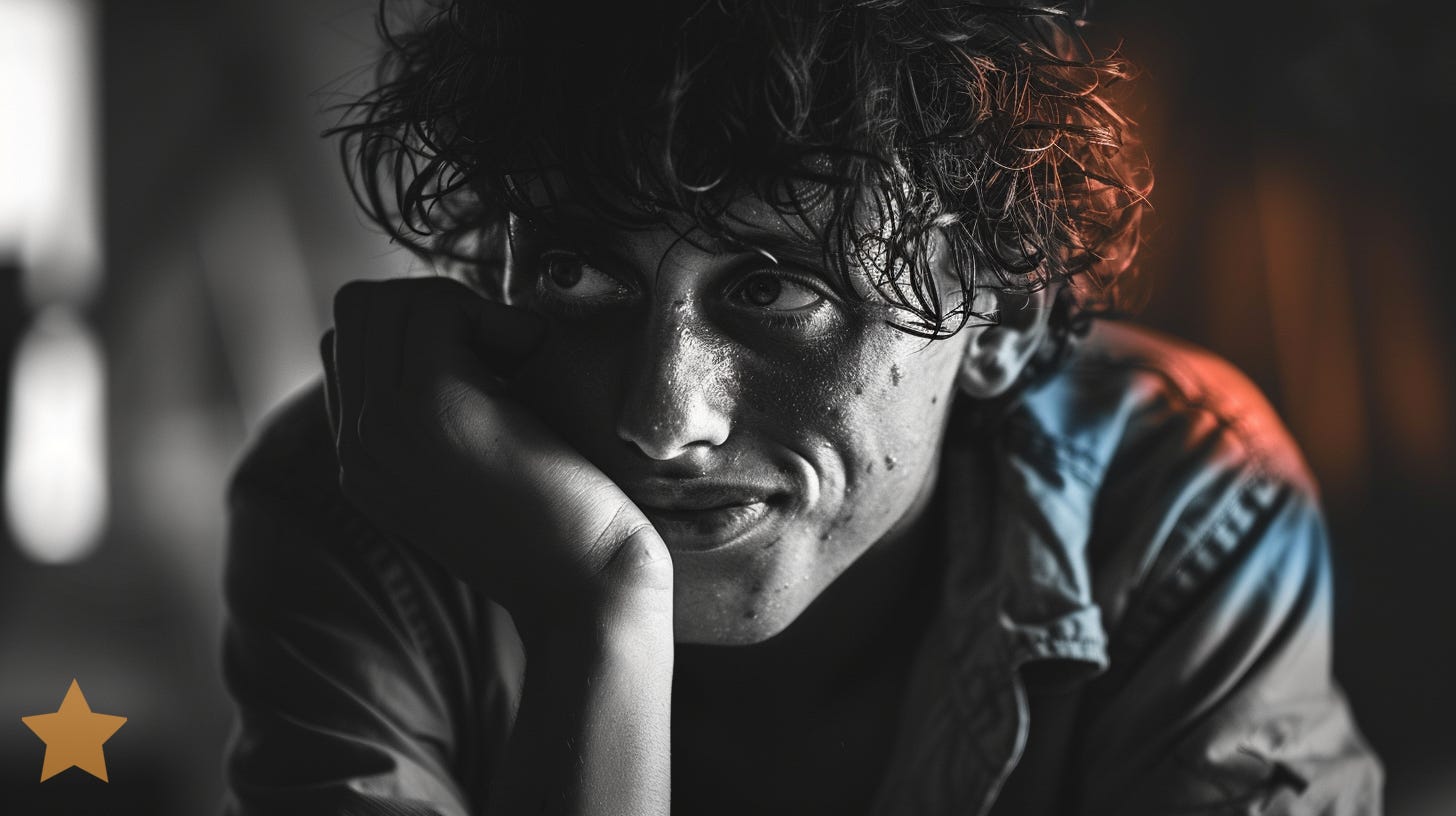 Image prompt: a highly detailed, dramatic photo of a person smiling while he's considering his options::2 The image should focus on the subject’s gesture of counting using his fingers, using a shallow depth of field to blur the background. The lighting should be low-key, with a single light source creating strong shadows and highlights to enhance the dramatic effect. The overall image should have a high contrast black and white look, simulating the texture and grain of Ilford HP5 Plus film. Add a moderate to heavy grain effect to emphasize the gritty and intense mood of the scene. Photo taken with Hasselblad X1D, colors of burnt orange and air superiority blue --cref https://s.mj.run/XL-8PGC9MR4 --cw 100 --style raw --no airplanes cameras --ar 16:9 --v 6.0