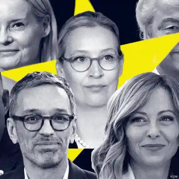 Black and white photos of Victor Orban, Riikka Purra, Herbert Kickl, Alice Weidel, Giorgia Meloni, Geert Wilders, Marine Le Pen